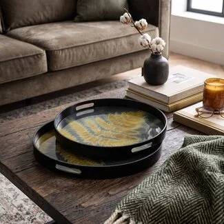 PTMD Dienblad Gila zwart glas met goud blad set van 2