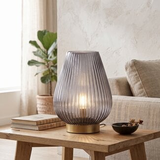 Light en Living Tafellamp LED TAJERA glas grijs+goud Ø21x28 cm