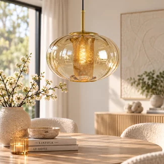 Light en Living Hanglamp Ø35x21 cm MINDELO glas amber+goud