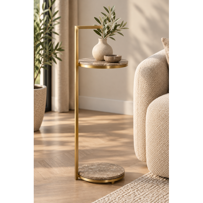 Light en Living Bijzettafel Ø26x76 cm LEDA travertin bruin+brons
