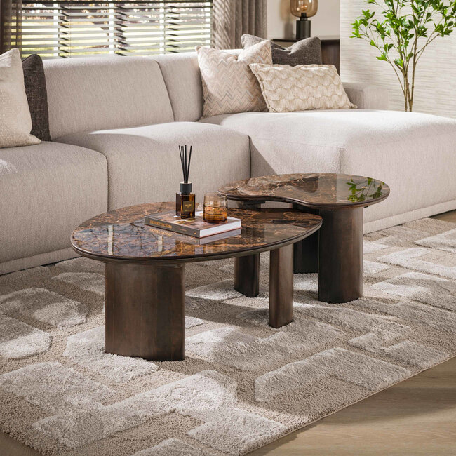 WoonStijl Salontafel Empera niervormig set van 2 Keramiek dark emperador