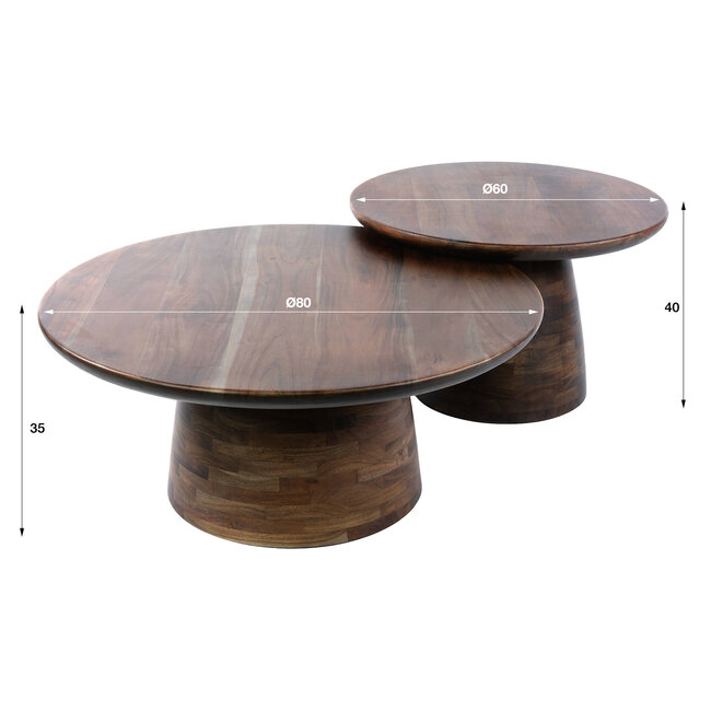WoonStijl Salontafel Mova rond set van 2 Massief acacia bruin
