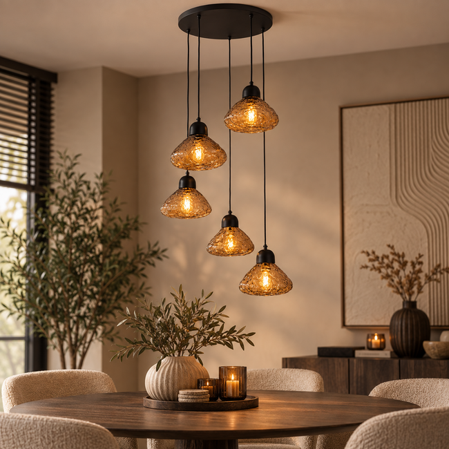 PTMD Hanglamp Anna Brown textured glass met 5 lampen groot