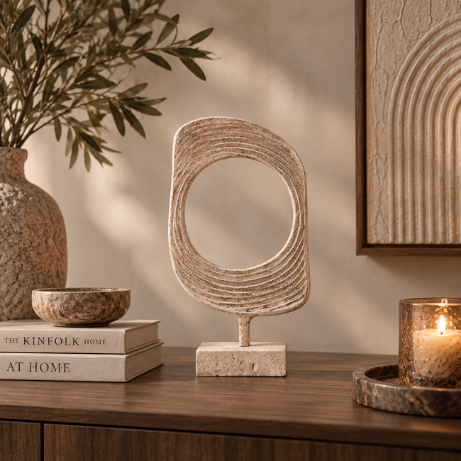 PTMD Ornament Monah Beige gegoten aluminium op travertin voet S