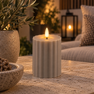 PTMD Led buiten kaars gestreept grijs / beige met beweegbare vlam S