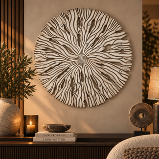 PTMD Wandornament Bonte Creme MDF Wavy rond L - Ø 120 cm