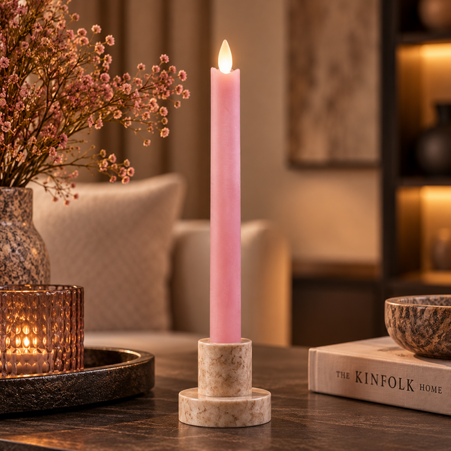 PTMD LED Licht Dinerkaars rustiek roze met beweegbare vlam - 2 stuks