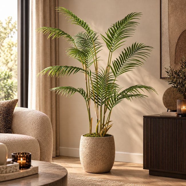 PTMD Palmboom groen in zwarte plastic pot - 148 cm hoog