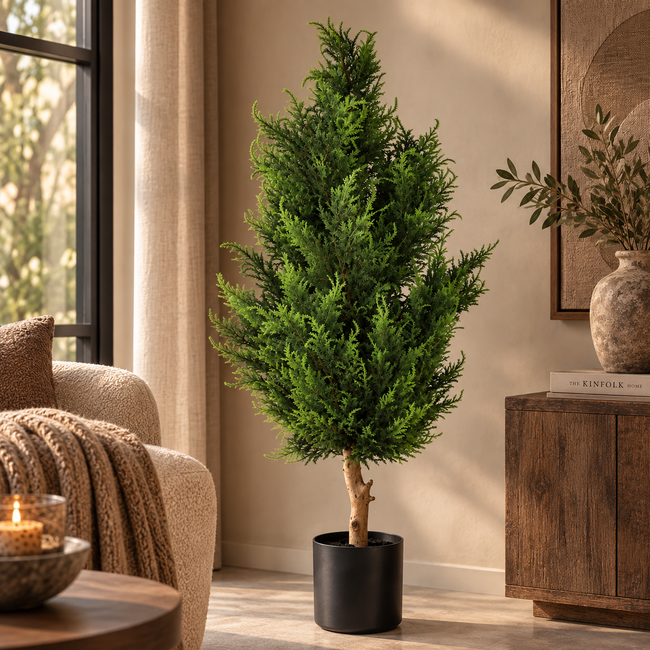 PTMD Kunstboom Ceder groen in plastic pot 120 cm hoog
