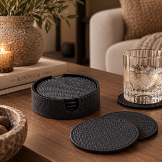 PTMD Onderzetters Rafal Zwart vegan leer coaster ron