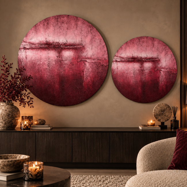 PTMD Wandpaneel Cobey Burgundy handgeschilderd canvas L - Ø 120 cm