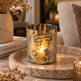 PTMD Theelicht Tigg Goud tijger patroon  - 9.0 x 9.0 x 10.0 cm