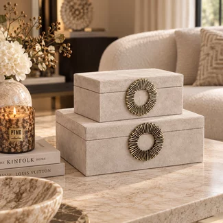 PTMD Opbergbox Hazael Beige suede set van 2