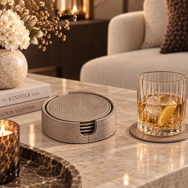 PTMD Onderzetters Rafal Champagne vegan leer coaster rond