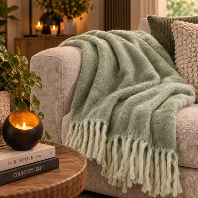 Countryfield Plaid Britta lichtgroen met franjes