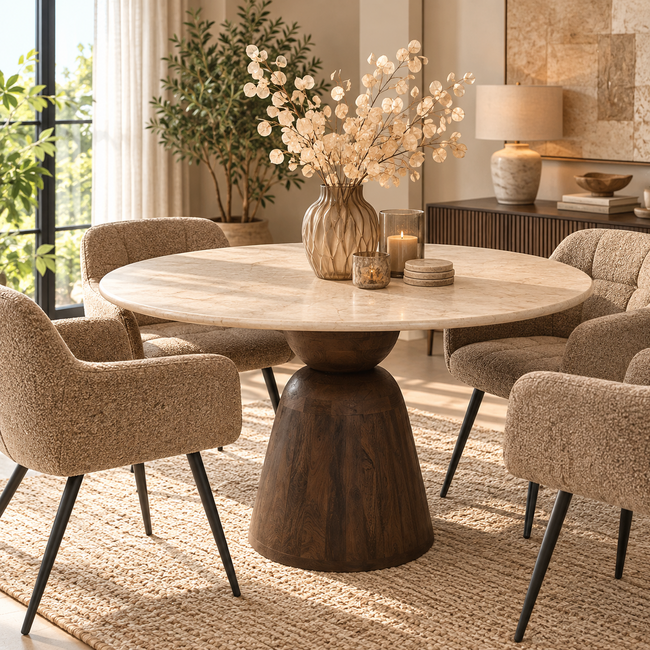 Light en Living Eettafel Ø120x76 cm SOY marmer zand+mango hout choco bruin