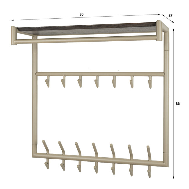 WoonStijl Kapstok Terra hoog roede en hoedenplank 3x7 haken Beige