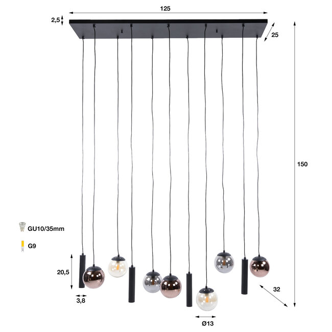 WoonStijl Hanglamp Orb 6+5-lichts Zwart