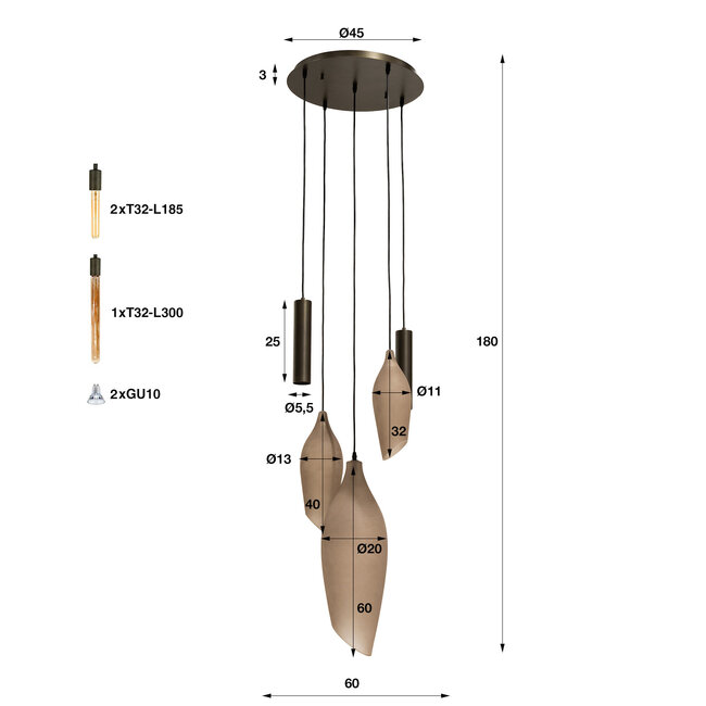 WoonStijl Hanglamp Cocoon pendel getrapt 5-lichts Sienna bruin-frosted