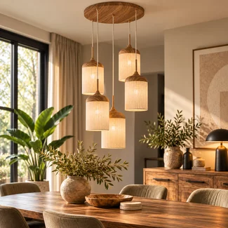 Light en Living Hanglamp 5L Ø50x32 cm DANIA houtprint naturel+touw crème