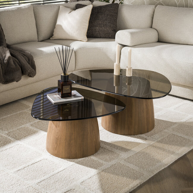 WoonStijl Salontafel Tinto driehoekig set set van 2 salontafels met brons glas