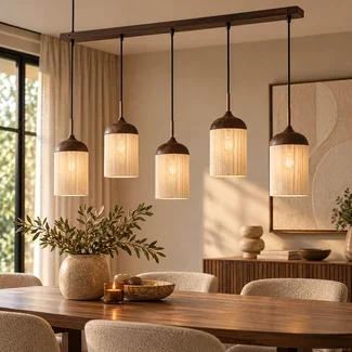Light en Living Hanglamp 5L 117x10x27 cm DANIA houtprint donkerbruin+touw crème