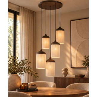 Light en Living Hanglamp 5L Ø50x32 cm DANIA houtprint donkerbruin+touw crème