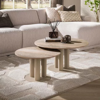 WoonStijl Salontafel Selvo rond set van 2 - 3D travertin zand