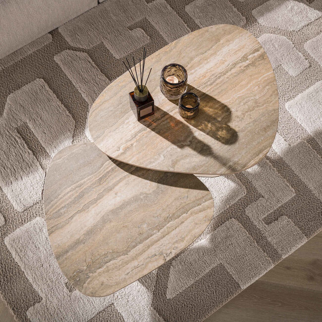 WoonStijl Salontafel Selvo driehoekig set van 2 - 3D travertin zand