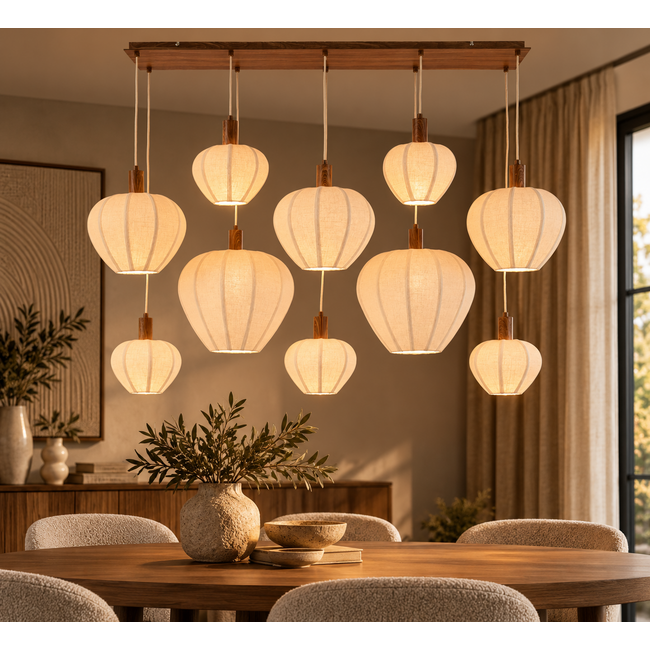 Light en Living Hanglamp 10L 144x49x200 cm HUXI houtprint + linnen crème