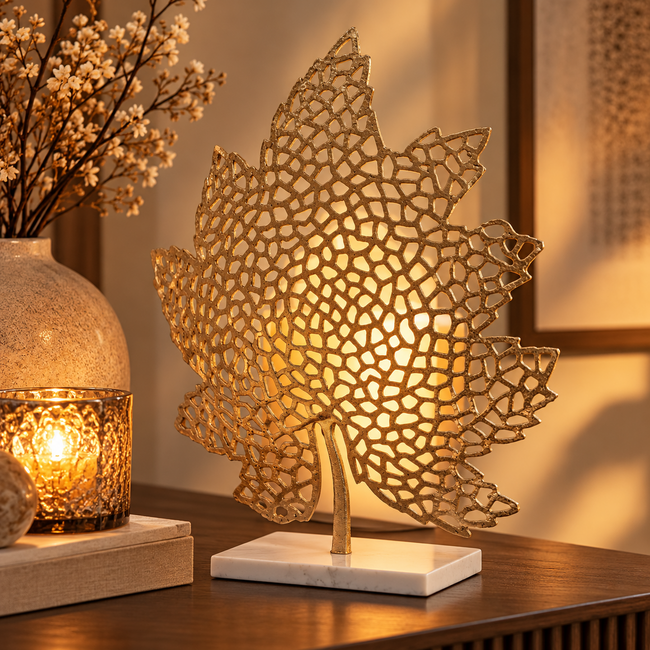 Light en Living Ornament op voet 22x8x30 cm LEAF  goud+marmer wit