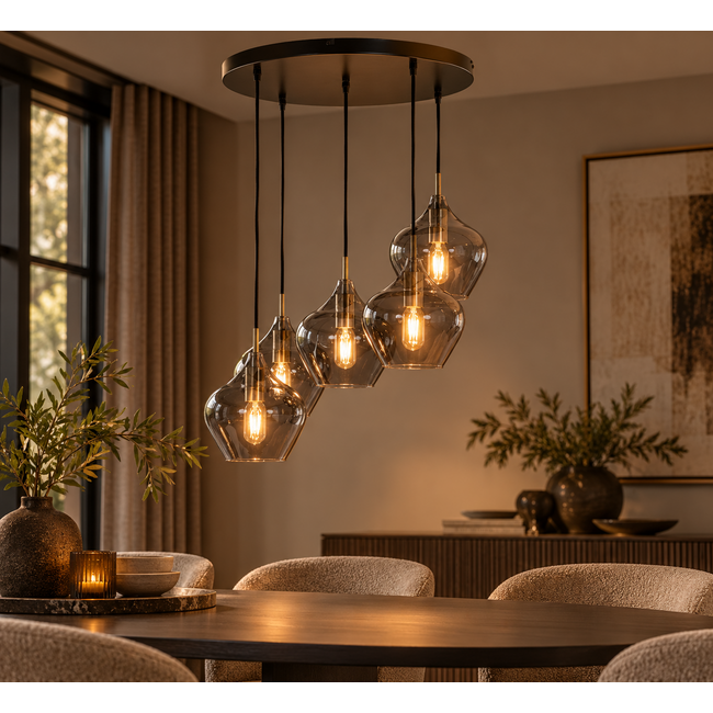Light en Living Hanglamp RAKEL 5-lichts Ø61x66 cm Antiek Brons & Smoke