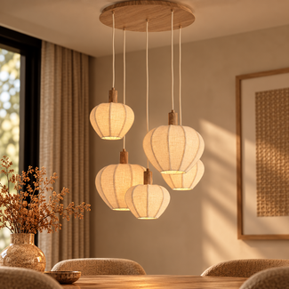 Light en Living Hanglamp 5L Ø76x140 cm HUXI naturel houtprint + linnen crème