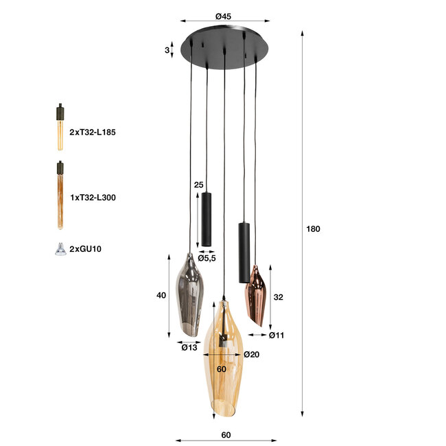 Hanglamp Cocoon pendel getrapt 5-lichts