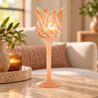 Light en Living Theelicht op voet Ø9,5x24 cm FLORA glas mat perzik+perzik