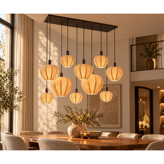 Light en Living Hanglamp 10L 144x49x200 cm HUXI Donkerbruin houtprint + linnen crème