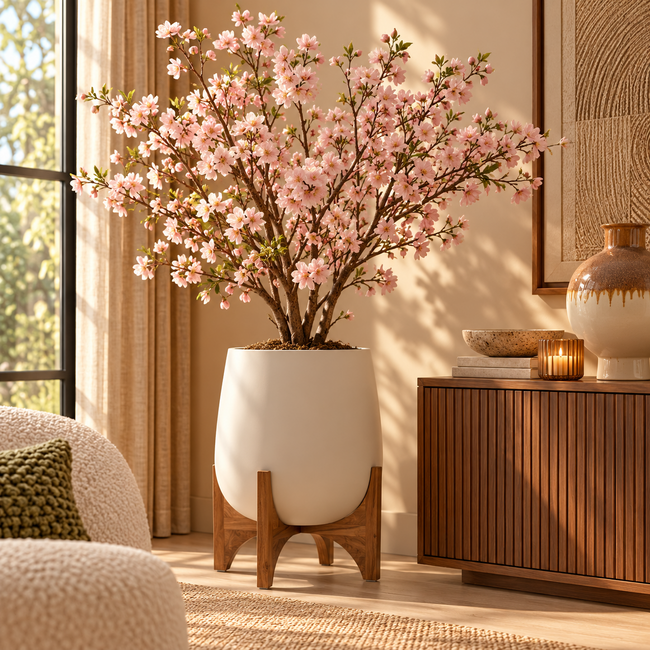 Light en Living Pot deco op voet Ø44x53 cm KARUNA hout+mat crème
