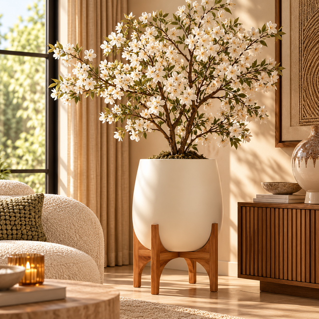 Light en Living Pot deco op voet Ø59x82 cm KARUNA hout+mat crème