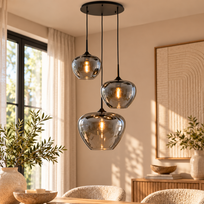 Light en Living Hanglamp 3L Ø40x160 cm MAYSON mat zwart met smoke glas