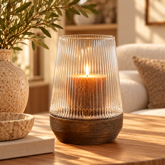Light en Living Windlicht Ø22x30 Cm MINAS glas Rib helder+hout donkerbruin