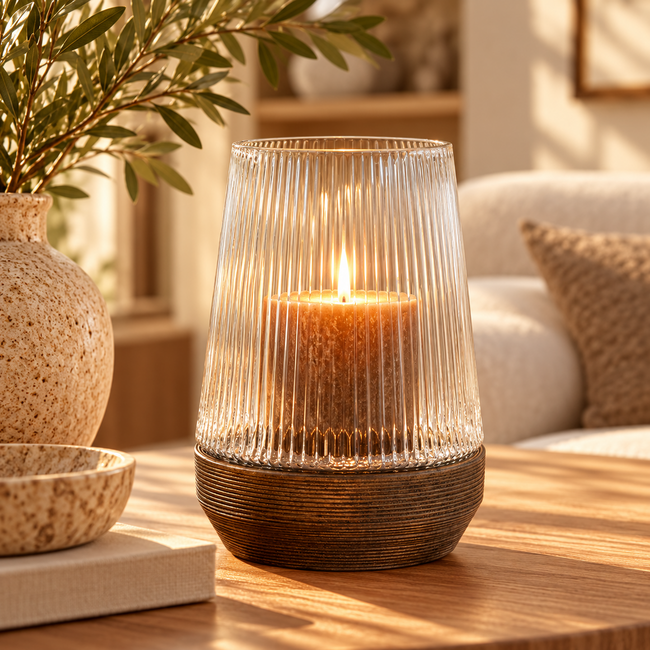 Light en Living Windlicht Ø22x30 Cm MINAS glas Rib helder+hout donkerbruin