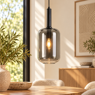 Light en Living Hanglamp LEKAR zwart met smoke glas Ø22x52 cm