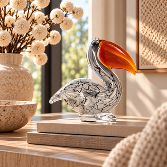Light en Living Ornament 14,5x8x15,5 cm PELICAN glas wit+zwart marmer print