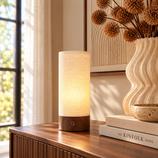 Light en Living Tafellamp LED Ø10x25 cm BRYLO linnen naturel+hout donkerbruin