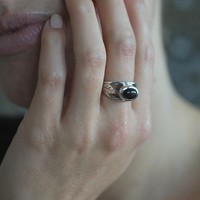 Zilveren ring Leaf Black Onyx