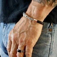 Bali style schakel armband zilver & leer