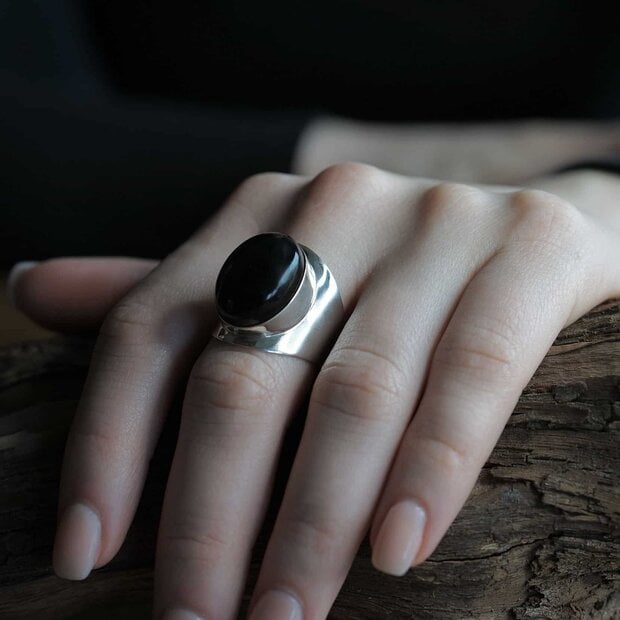 Zilveren ring Black Onyx Anello