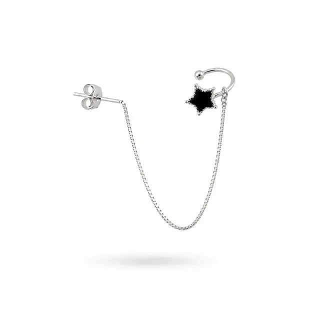 Zilveren chain earcuff Black star Zilveren chain earcuff Black star