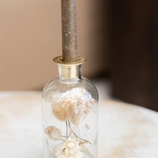 Glazen kaarsenhouder 16cm droogbloemen wit