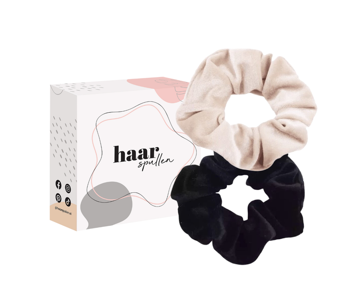 Basicly Velvet Scrunchie Duo Set - Black & Beige